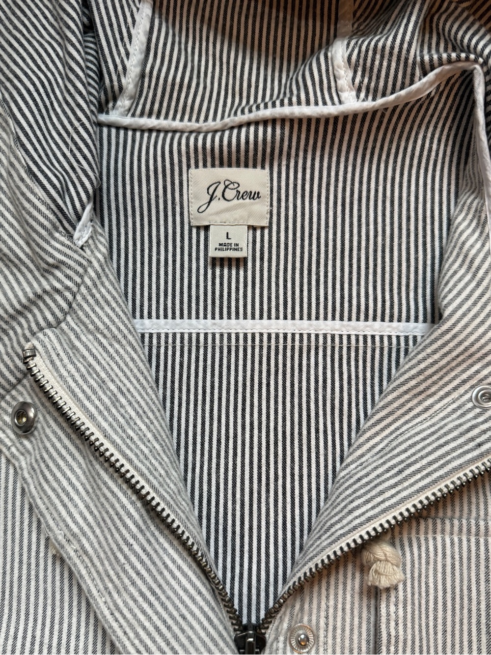J. Crew Blue White Hickory Stripe Hooded Field Jacket-Coastal Preppy-Size L - Picture 4 of 12